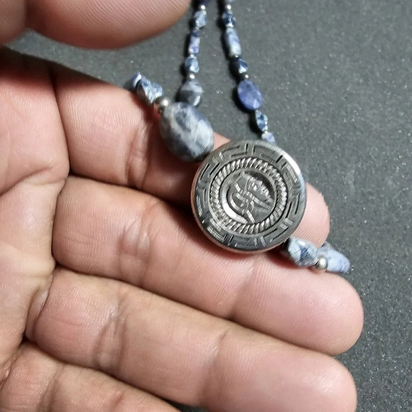 Blue Jasper Beaded Necklace With Silver Tone Greek Key Motif Center Bead 30 In o - Picture 5 of 8